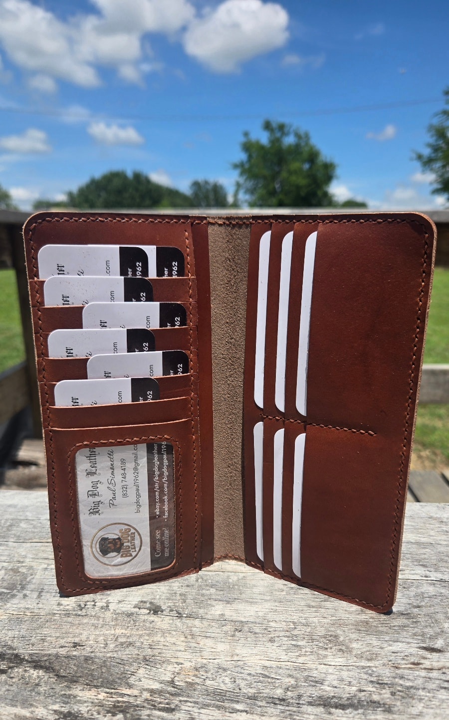 Long wallet open showing full interior layout