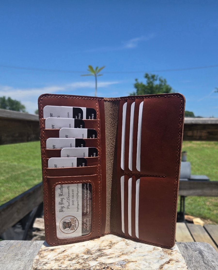Long wallet open — wider interior view outdoors