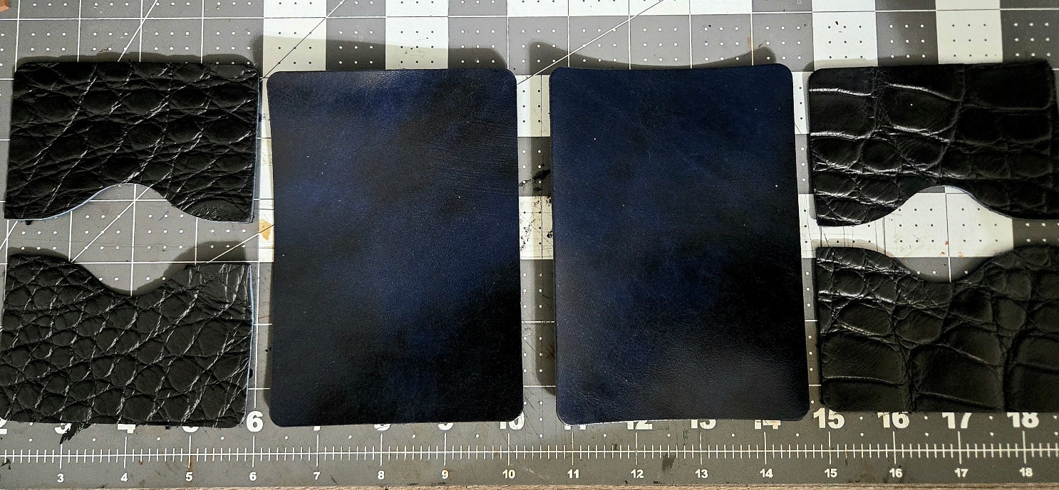 SB1 Slim Bifold — Both Green and Blue Catalina with American Alligator panels laid flat